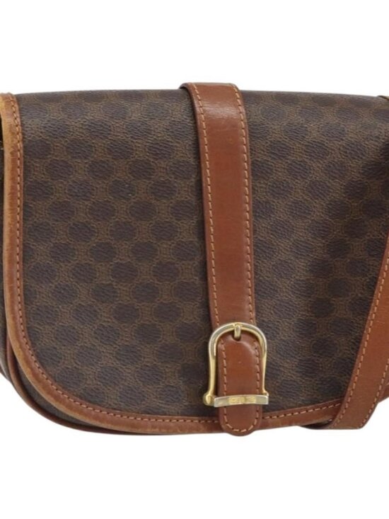 Authentic CELINE Macadam Canvas Shoulder Bag PVC Leather Brown Gold
